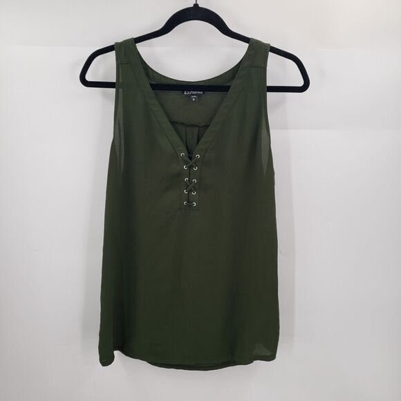 Express Green Lace Up Sleeveless Top Women Medium V Neck Chiffon Front Knit Back - Picture 10 of 10